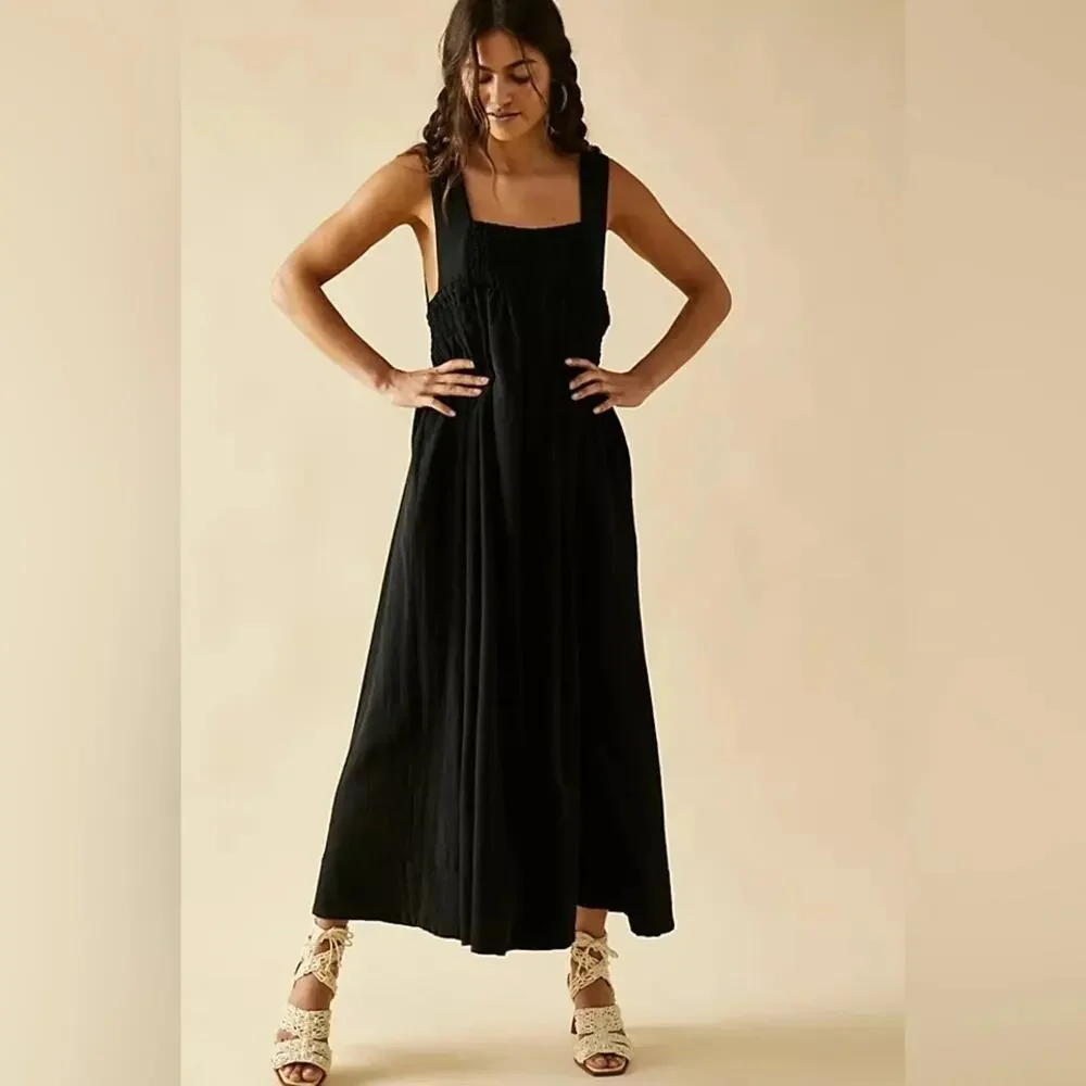 Free People Delphine Midi Dress Size M Black Sleeveless Gauzy Smocked Jumper